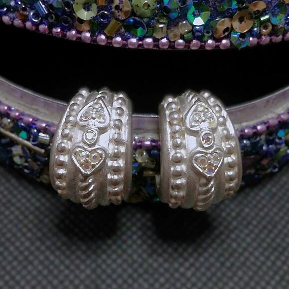 Vintage Sterling Silver Half Hoop Earrings Twisted Rope Heart Crystal Accents - Picture 7 of 15